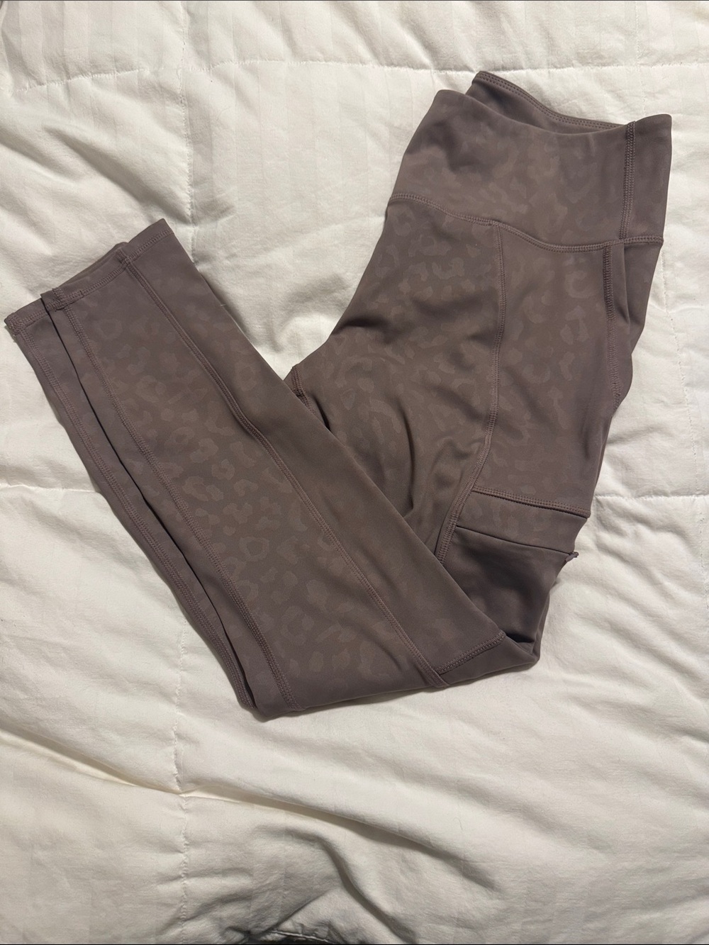 Move Theology - Women's Leggings in Taupe with Subtle Animal Print - Large
